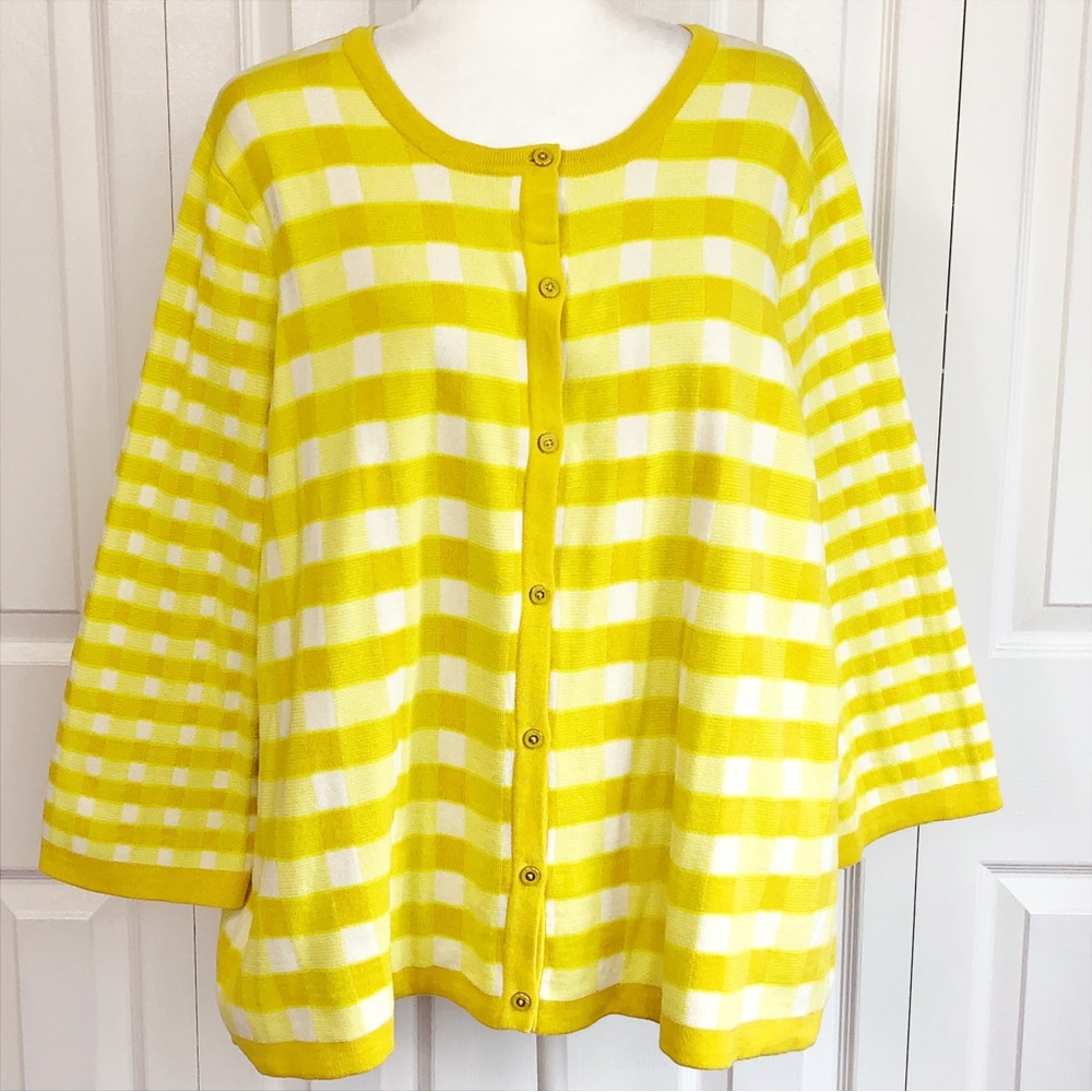 New Isaac Mizrahi Live! Golden Yellow Plaid Print Cardigan Sweater 2X
